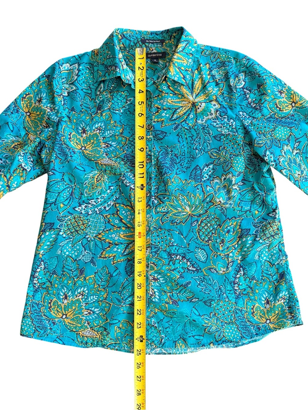 Lands' End Turquoise Floral Button-Front Blouse Size 12 - Picture 8 of 11